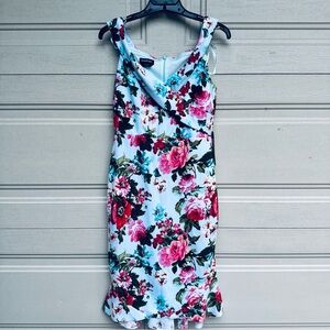 Bebe Asymmetrical Floral Ruffle Dress - Red and Blue
